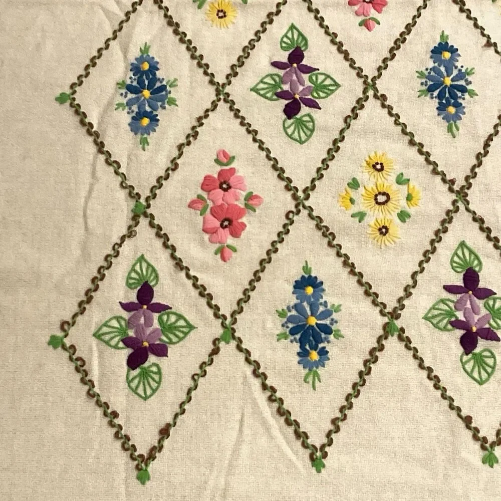 Vintage Handmade Throw Crewel Embroidered Cottage Granny Wool 54 X 66 MCM